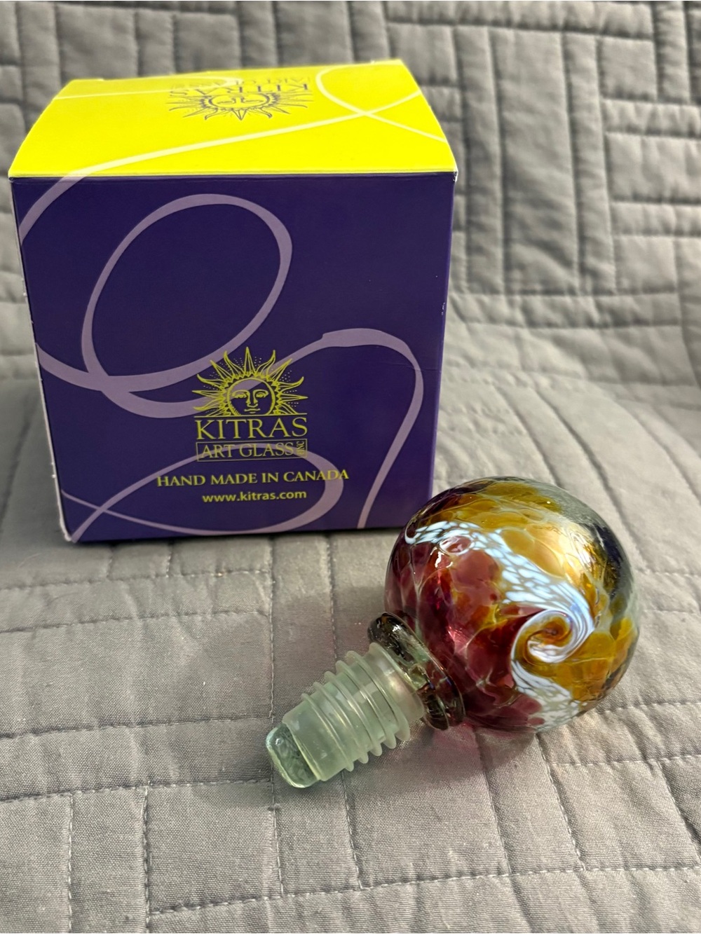 Kitras Art Glass Bottle Stopper Orange, Red & White Swirl Abstract Hand Blown
